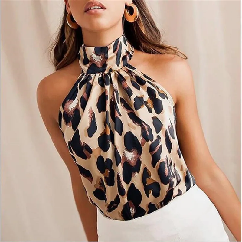 Casual Backless Sexy Leopard Print Tops Sexy Hanging Neck Design Women Pullover Sleeveless Tees Summer Fashion Clothing