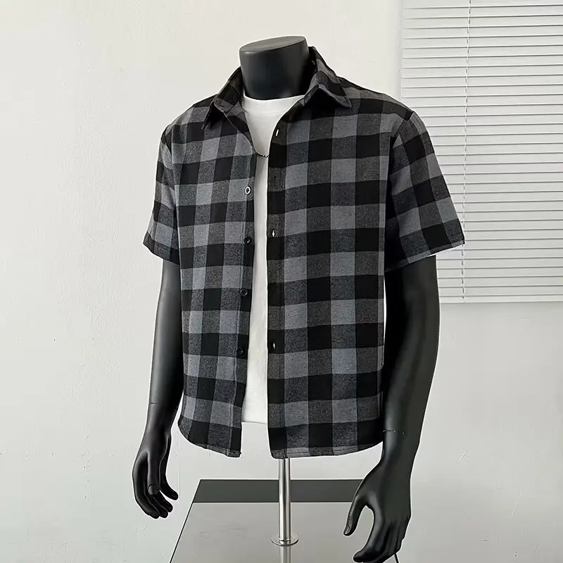 Retro Men's Checkered Shirt 2025 Spring New Short Shirt Summer Hawaiana Men Shirts High Quality Button Top Men's Clothing