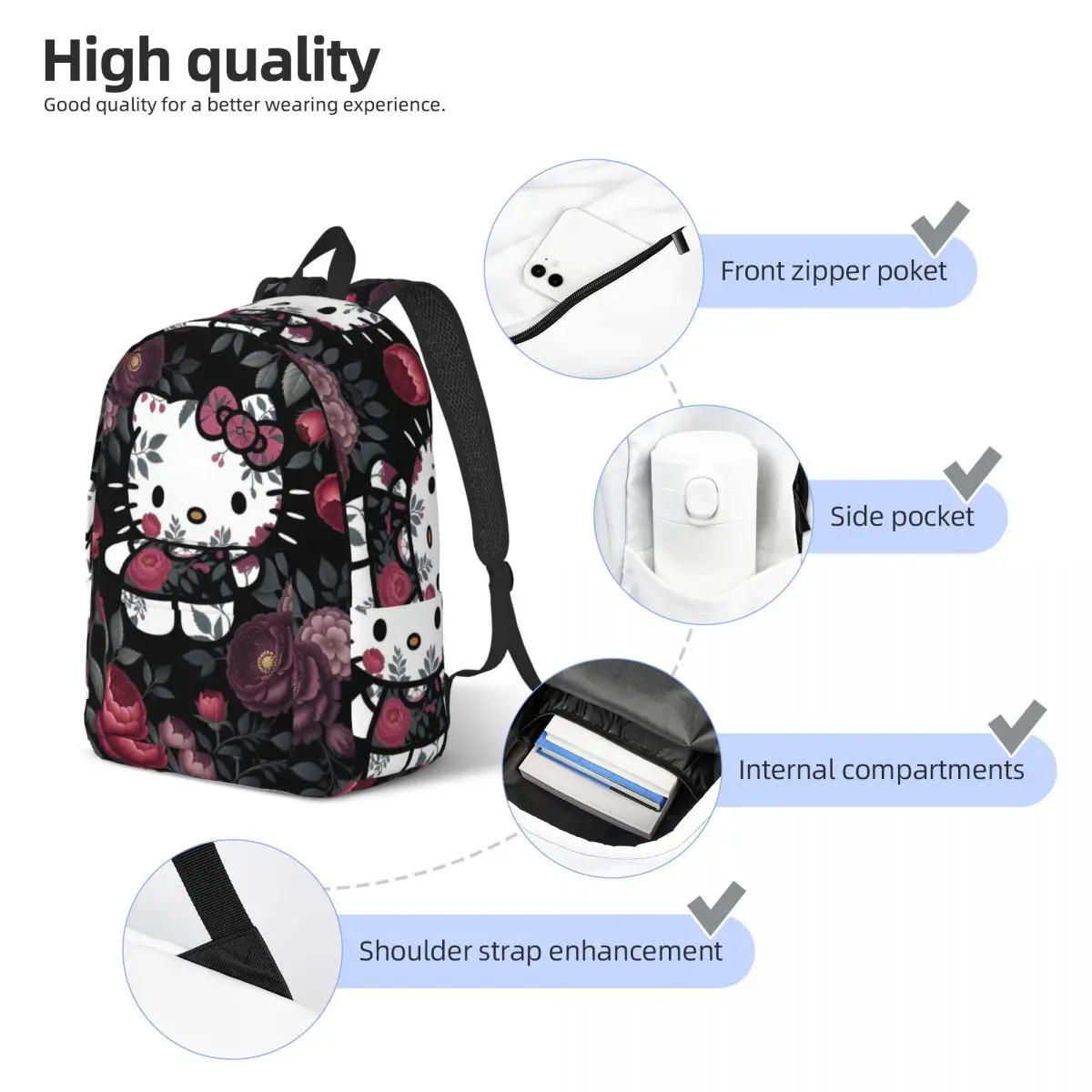 ハローキティかわいい漫画バックパック少年少女パターンバックパックポリエステルかわいいスクールバッグ大学カスタムリュックサック