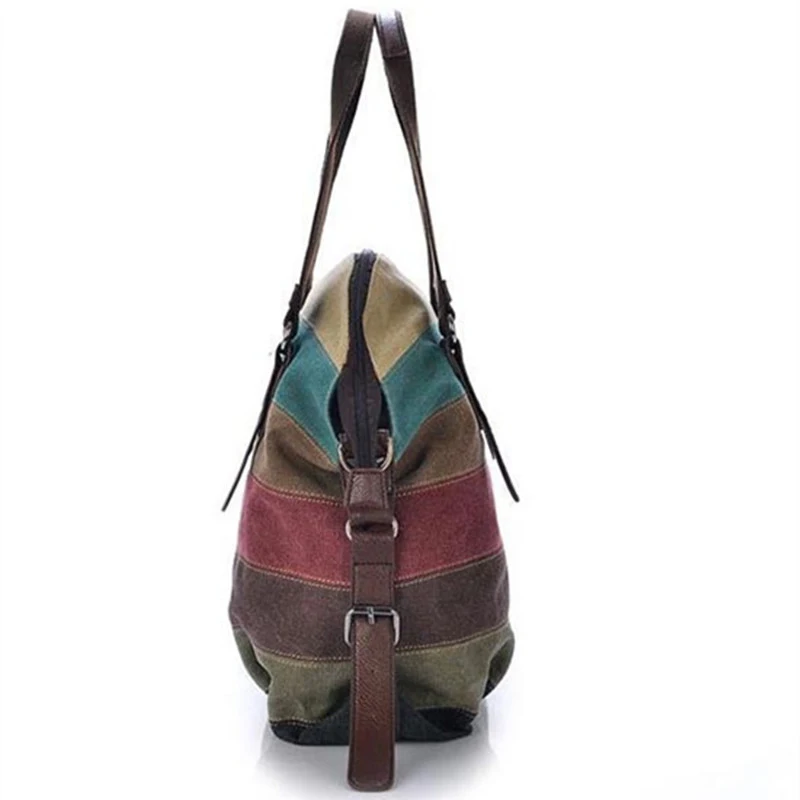 Canvas-Tragetaschen, gestreifte Damenhandtasche, Patchwork-Regenbogen-Umhängetasche, modische weibliche lässige Umhängetasche – Detail 17