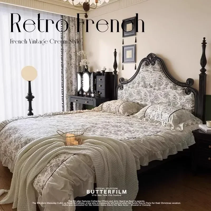 French Retro Black Bed 1.5m 1.8m Double Master Bedroom Modern Simple Printed Upholstered Soft Bed Frame American Style