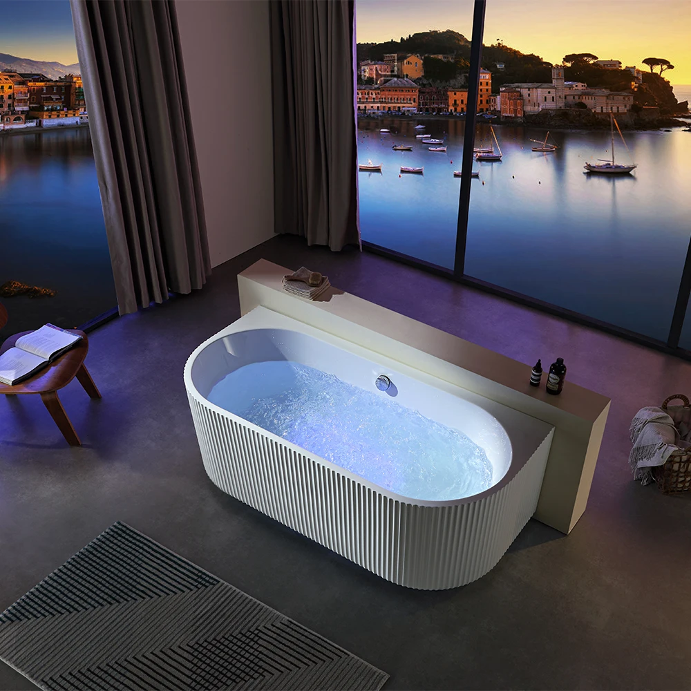 Striped Artistic Bathtub Indoor Free Standing Acrylic Tub Modern Single White Bathtub for Bathroom With LED Light