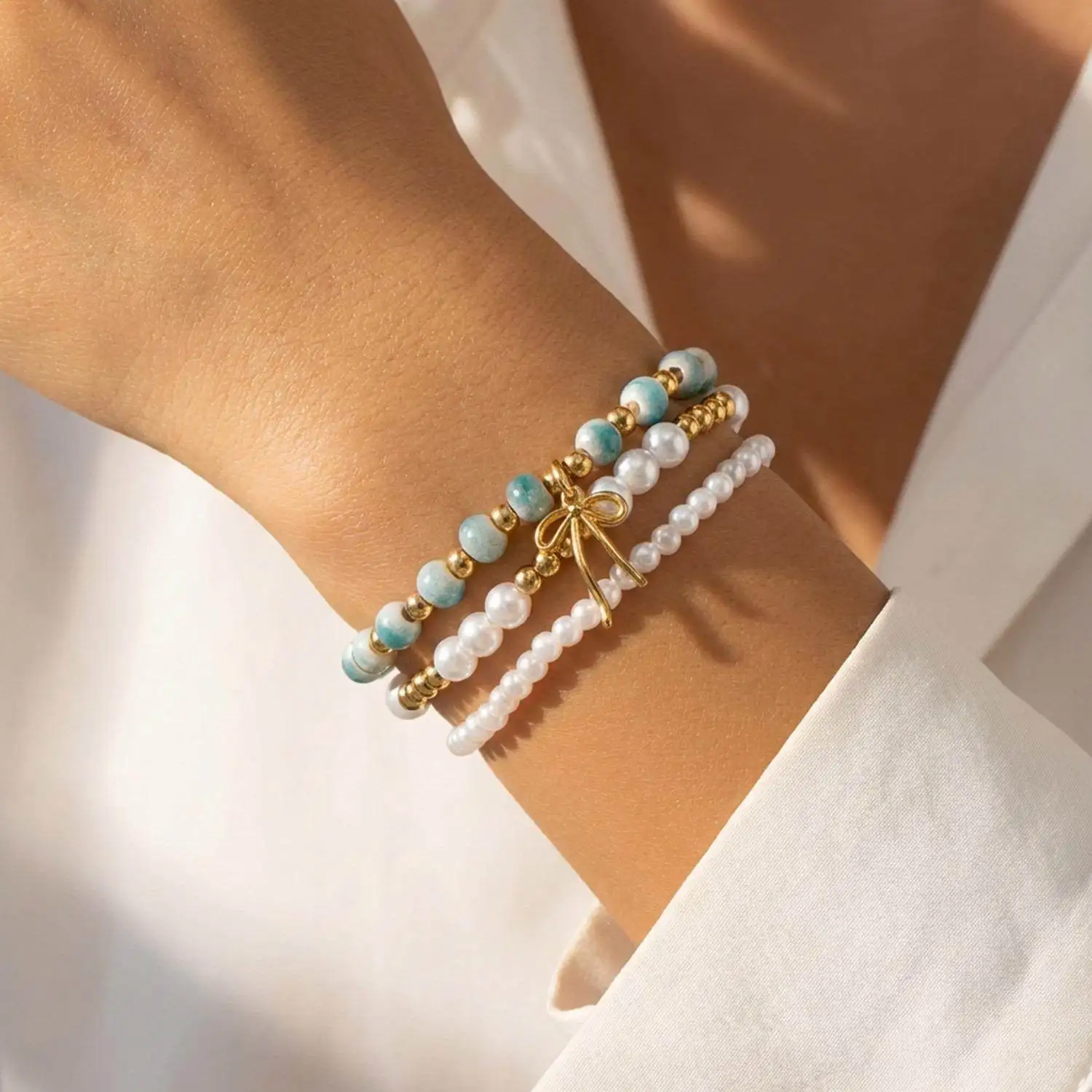 

Faionable Cerc Printed Knot Bracelet Pearl Beads Cross-Border ular Jewelry Set of 3 Autumn Season Accories