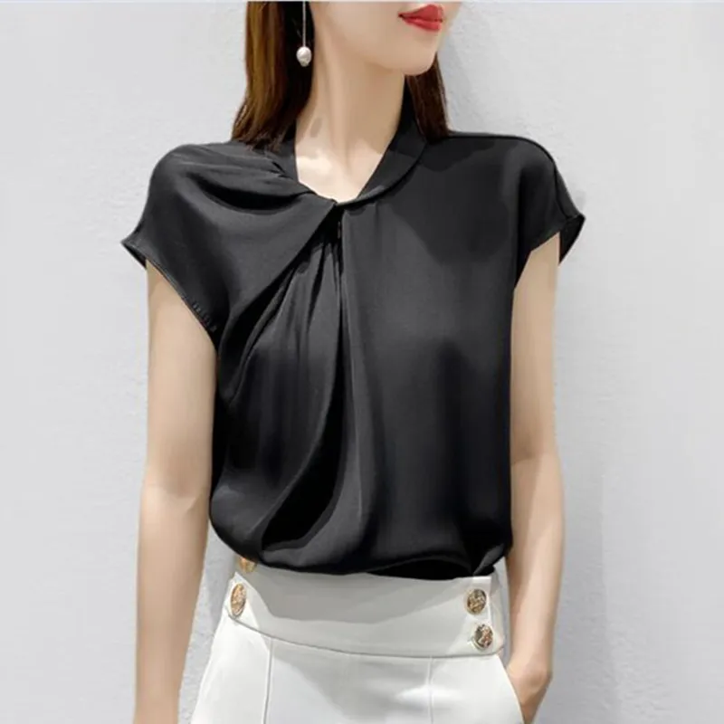 Women Acetate satin shirts,black white elegant wild office lday chiffon blouse artificial silk tops blusas de talla grande