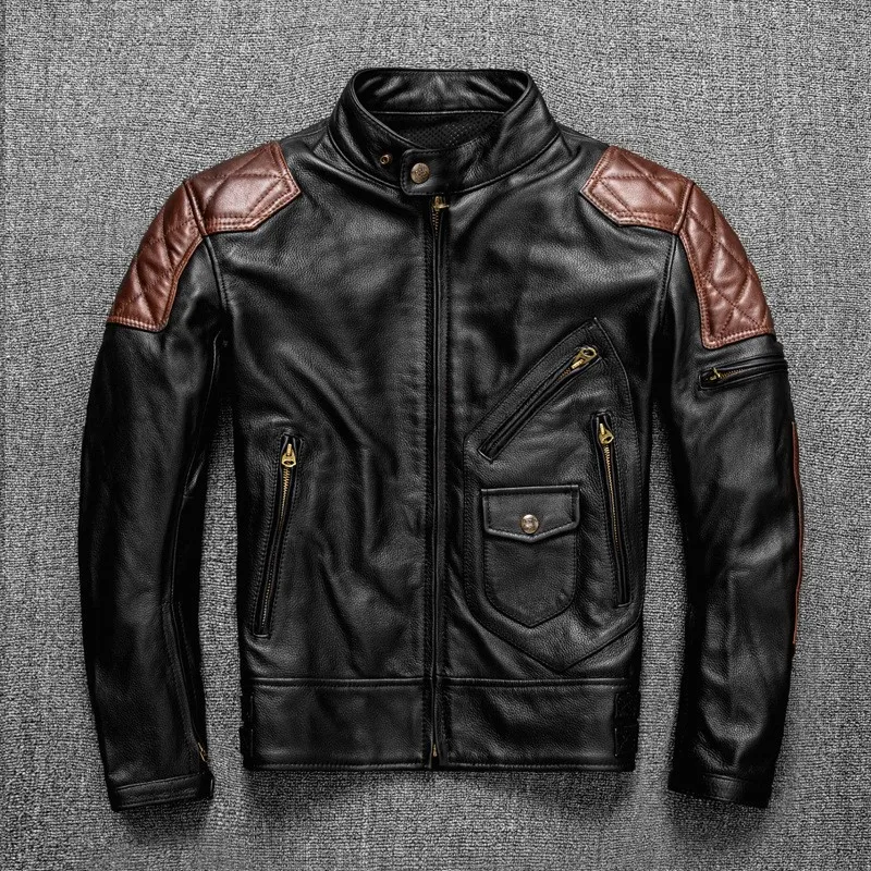 

New men's motorcycle riding suit made of cowhide and leather can be equipped with protective gear a stand-up collar