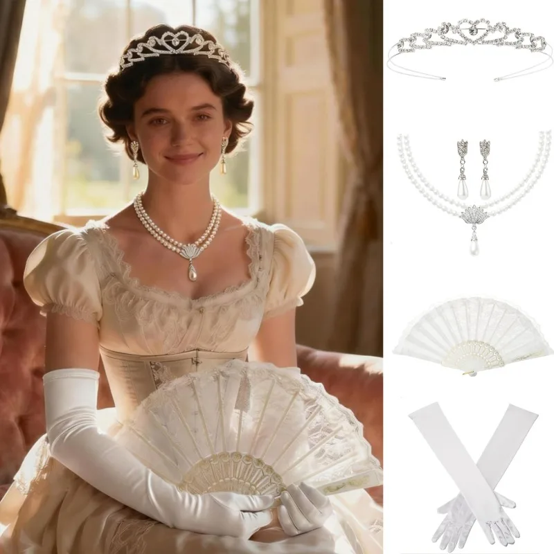 

Аксессуары в стиле Регенси для женщин - Набор из 5 предметов в стиле эпохи Регенси, включая корону, оперные перчатки, жемчужное ожерелье и серьги, а также складной веер.