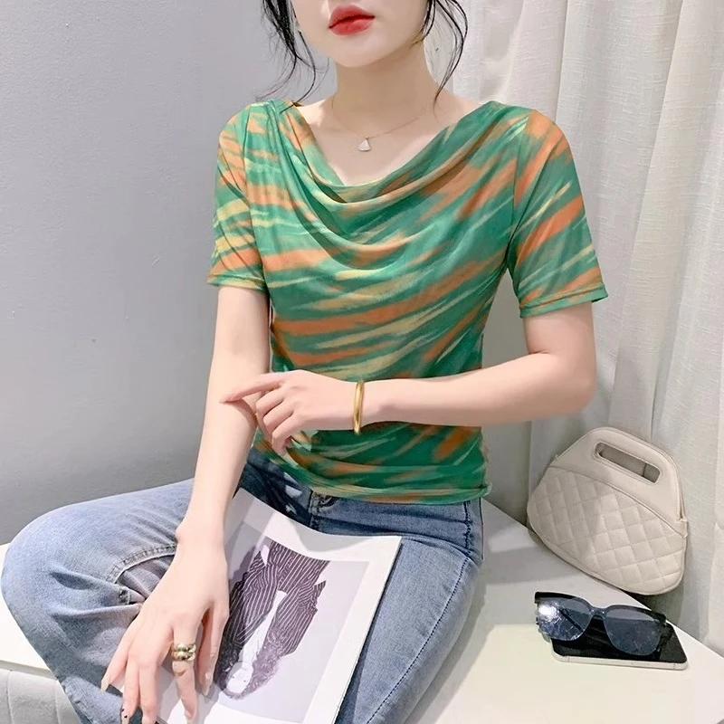 ​Trendy Draped Neckline Blouse Women Summer 2026 Fashion Print Mesh Top Short Sleeve Bodycon Tshirt​