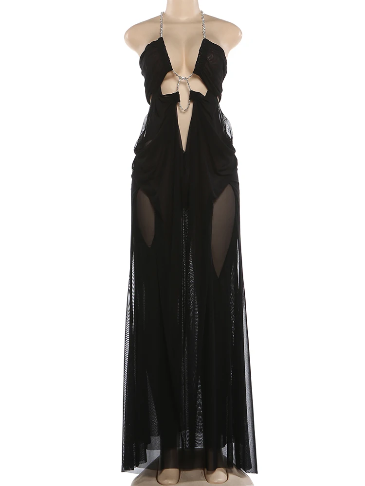 Whatiwear Abito di lusso Donna Sexy Vedere attraverso la catena Halter Collo basso Backless Senza maniche Prom Party Abiti eleganti di mezzanotte