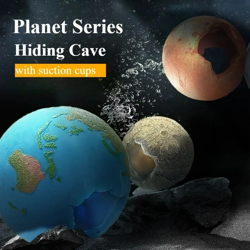 Refugio de cueva oculta para pecera serie Planet para reptiles de camarones y peces pequeños, decoraciones de adorno de Aqaurium con ventosas