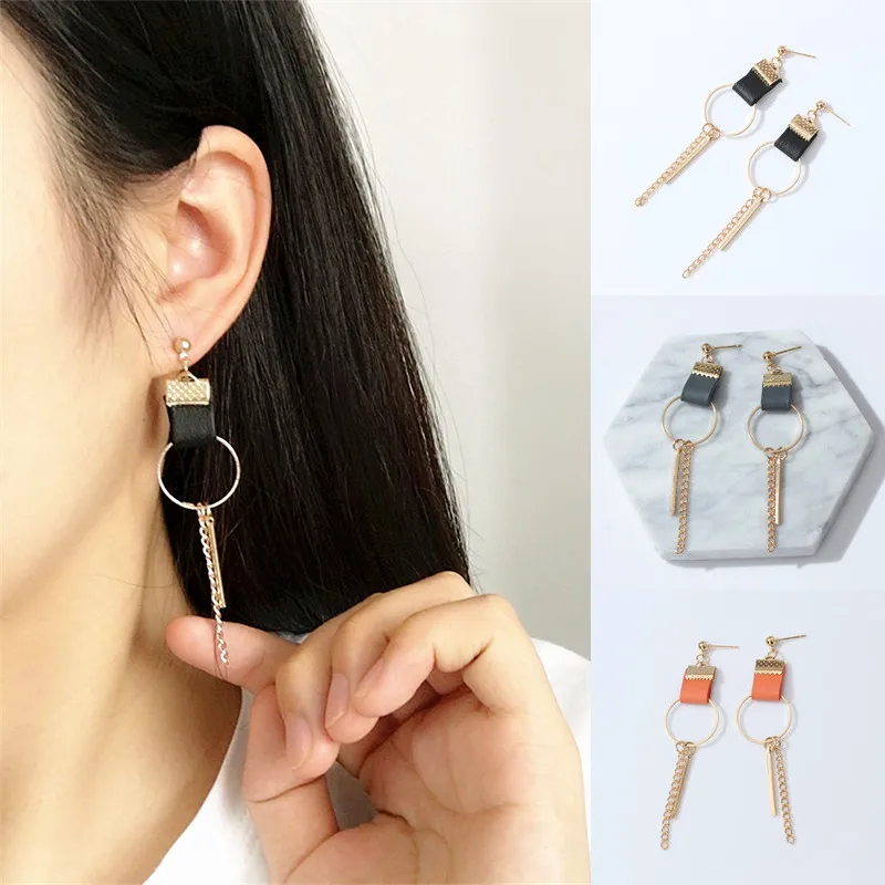 Hot Sale Geometric Leather Circle Round Tassel Earrings Three Colors Faux Suede Long Earrings For Women Jewelry Brinco Wholesale
