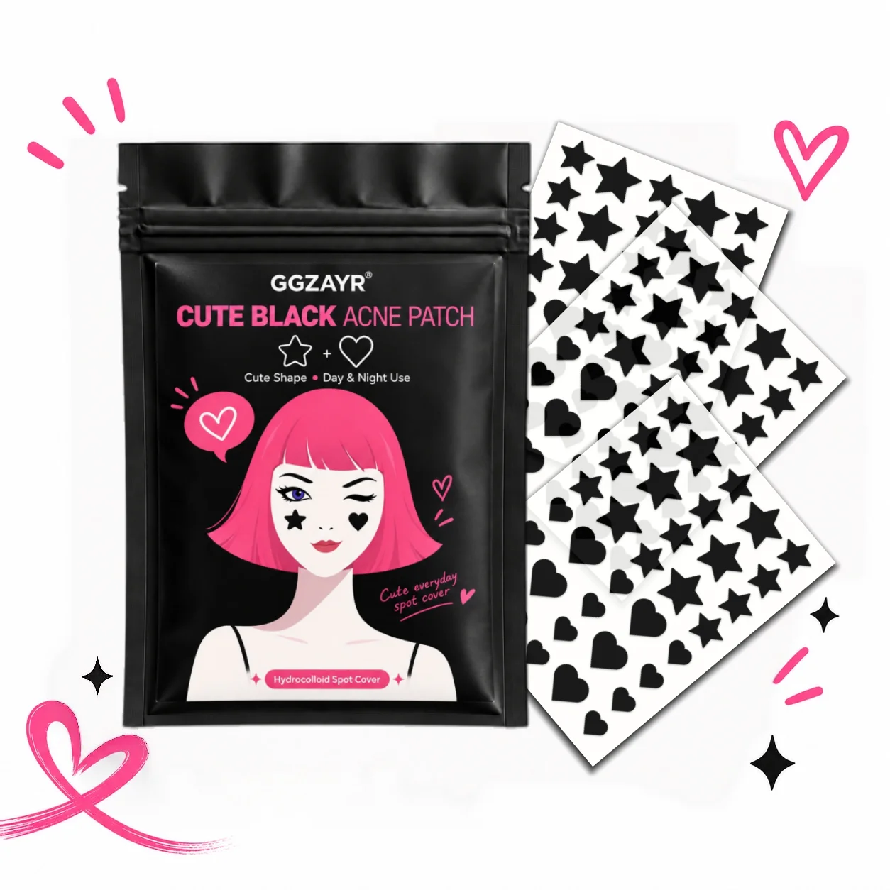 108pcs Black Star Heart Hydrocolloid Pimple Patches, Cute Acne Stickers Invisible Spot Cover Face Care Accessories for Teens an