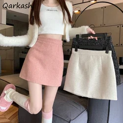 Woolen Mini Skirts Women Vintage Bright-silk French Style Cute Feminine Graceful Street High Waist Fashion Autumn Winter A-line