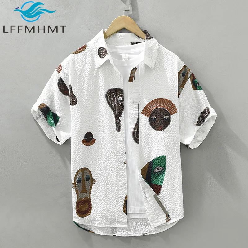 3756 Chic Vintage Print Short Sleeve Casual Shirt Men Summer Fashion Thin Bubble Texture Soft Comfortable Japan Fresh Style Tops