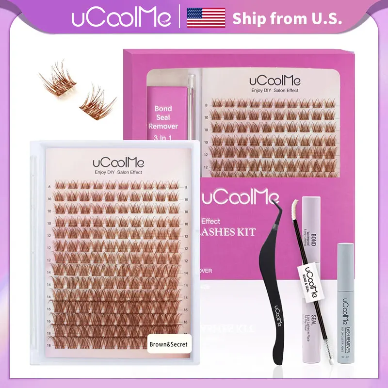 

uCoolMe Lashes Brown Secret Lash Clusters Kit with Waterproof Glue Remover Tweezer DIY Friendly Wispy False Eyelashes Extension