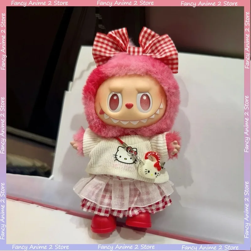 

Милая одежда с бантом Hello Kitty, наряд для кукол Labubu 17 см, мини-плюшевая кукла, мягкий свитер, модная сумка, аксессуары для кукол
