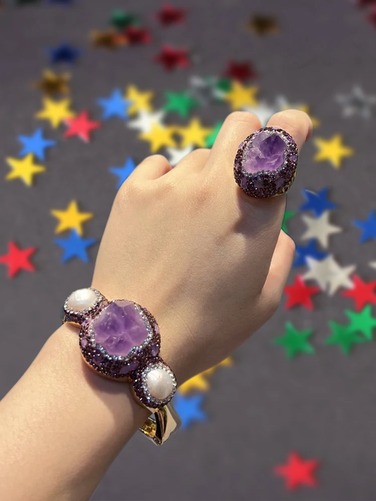 Natural Amethyst Pearl Bracelet Sets Women Vintage Jewelry 2PCS Ring  Lady Daily Party Handmade Jewelry