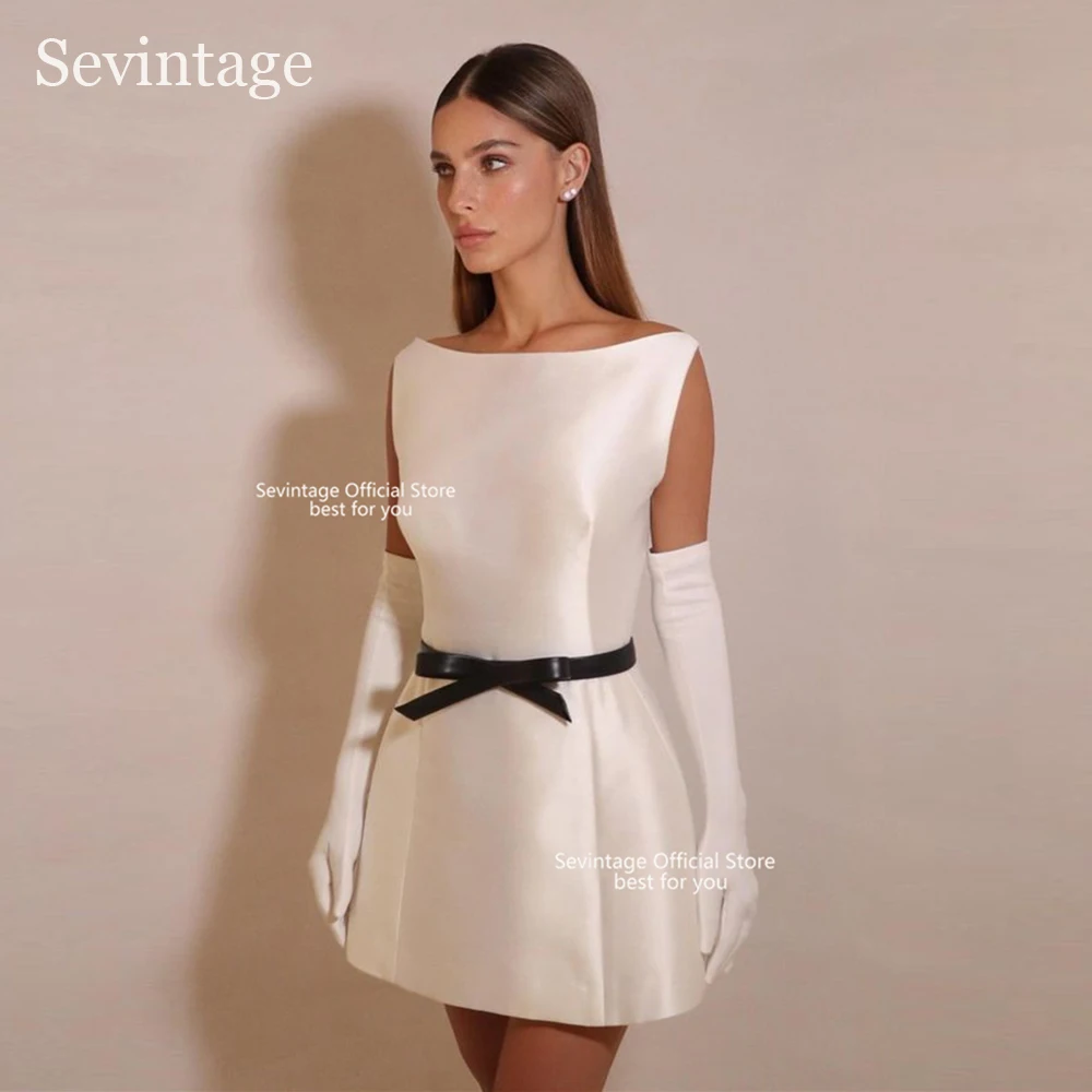 

Sevintage Modern Short Wedding Dresses Satin Bow Belt Ivory Wedding Party Gowns Sleeveless Boat Bridal Gowns 2024 Above Knee
