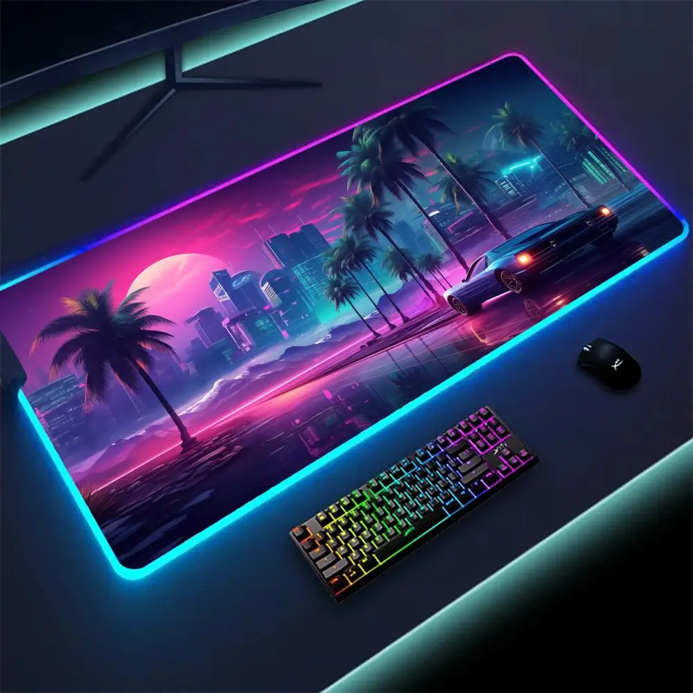 

Road Sunset Car XXL Mouse Pad RGB Keyboard Cover Colorful MousePad LED Light E-sports Mousepad Computer Gamer Glow Long Desk Mat