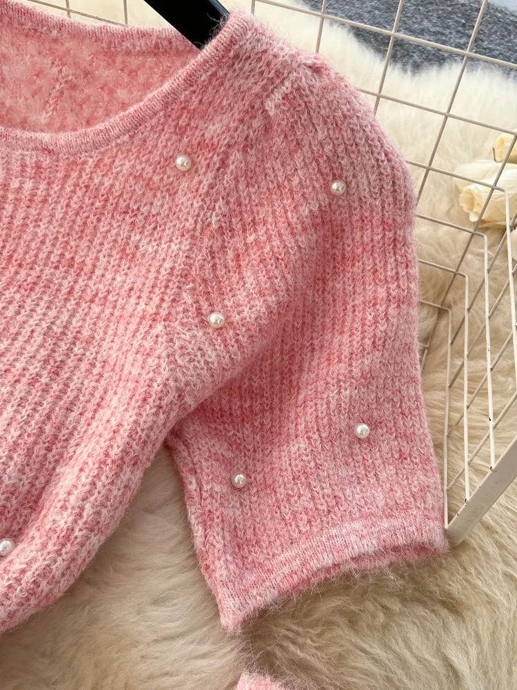 Setelan Sweater Kasmir Streetwear Wanita dengan Hiasan Manik-Manik, Atasan Rajut Oversleeve + Rok Panjang Elastis, Set Rajut Mutiara костюм