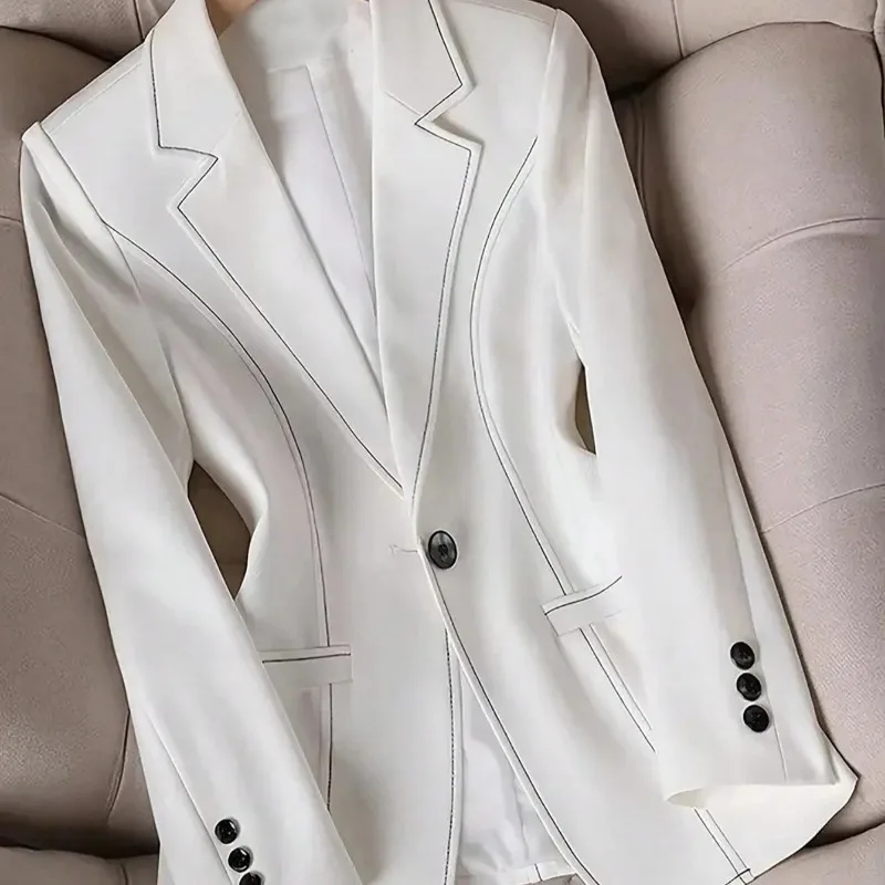 White Loose-lined Cinched-waist Suit Jacket with A One-button Button,slimming Commuting Style Sense of Sophistication for Ladies