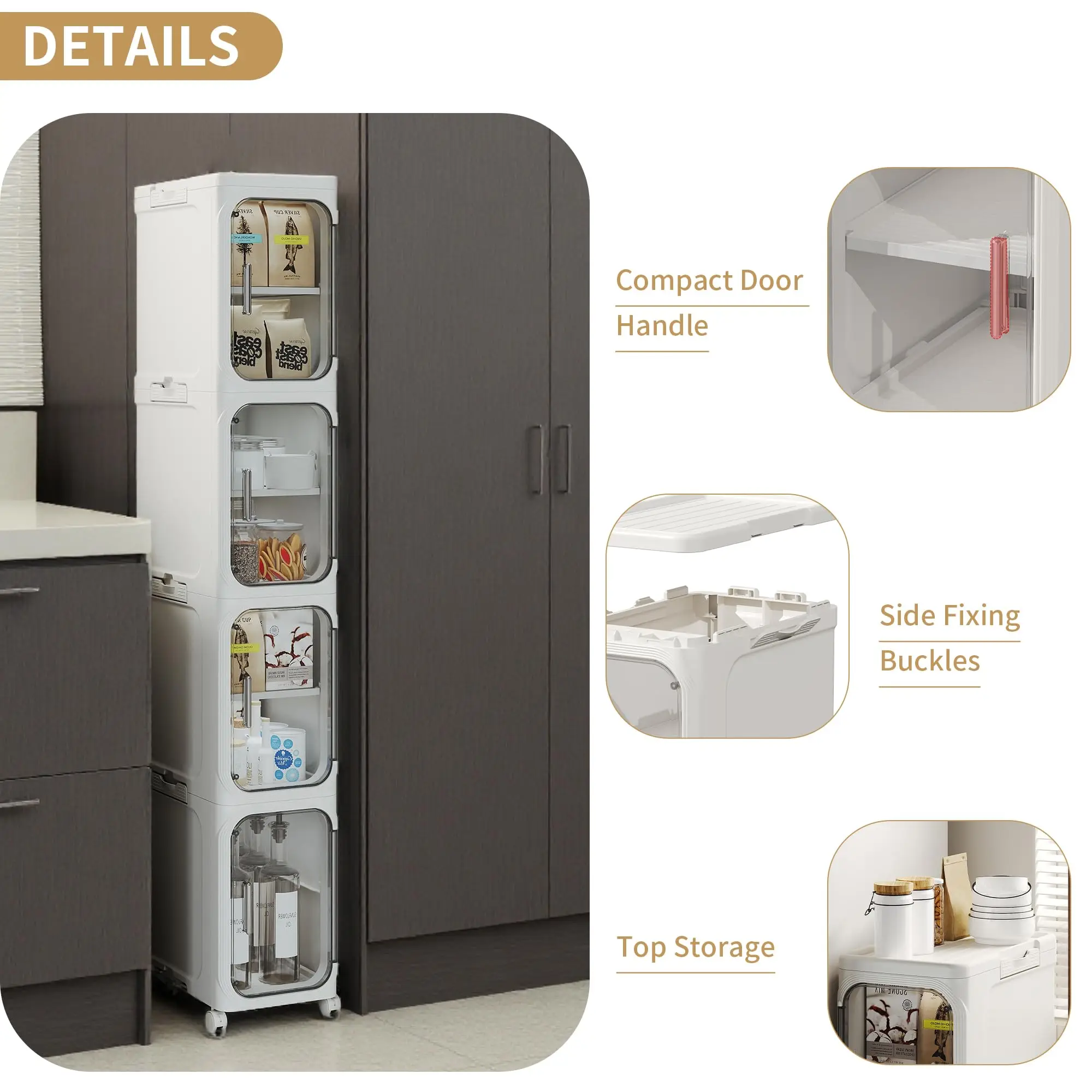 

4 Tier Foldable Plastic Storage Cabinet with Wheels, Narrow Stackable Closet Organizer with Flip Clear Doors, Slim Rolling Storage Cart for Bedroom Bathroom Laundry Kitchen