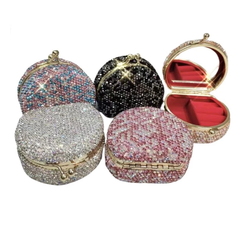 Luxury Rhinestone Portable Travel Mirror Jewelry Box Ring Necklace Earring Organizer Box Web Celebrity Shiny Bling-bling Gift