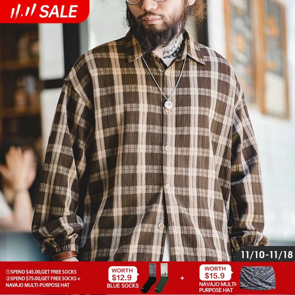 

Maden Vintage Curry Plaid Long Sleeve Shirts for Men Lightweight Breathable Fall Jacket Regular Fit Streetwear Causal Shirts