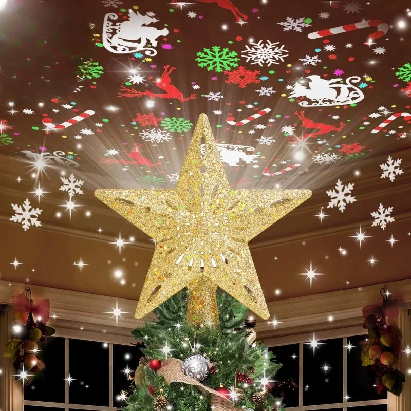 Christmas Tree Topper Lighted Star Tree  with LED Rotating Snowflake Projector Lights