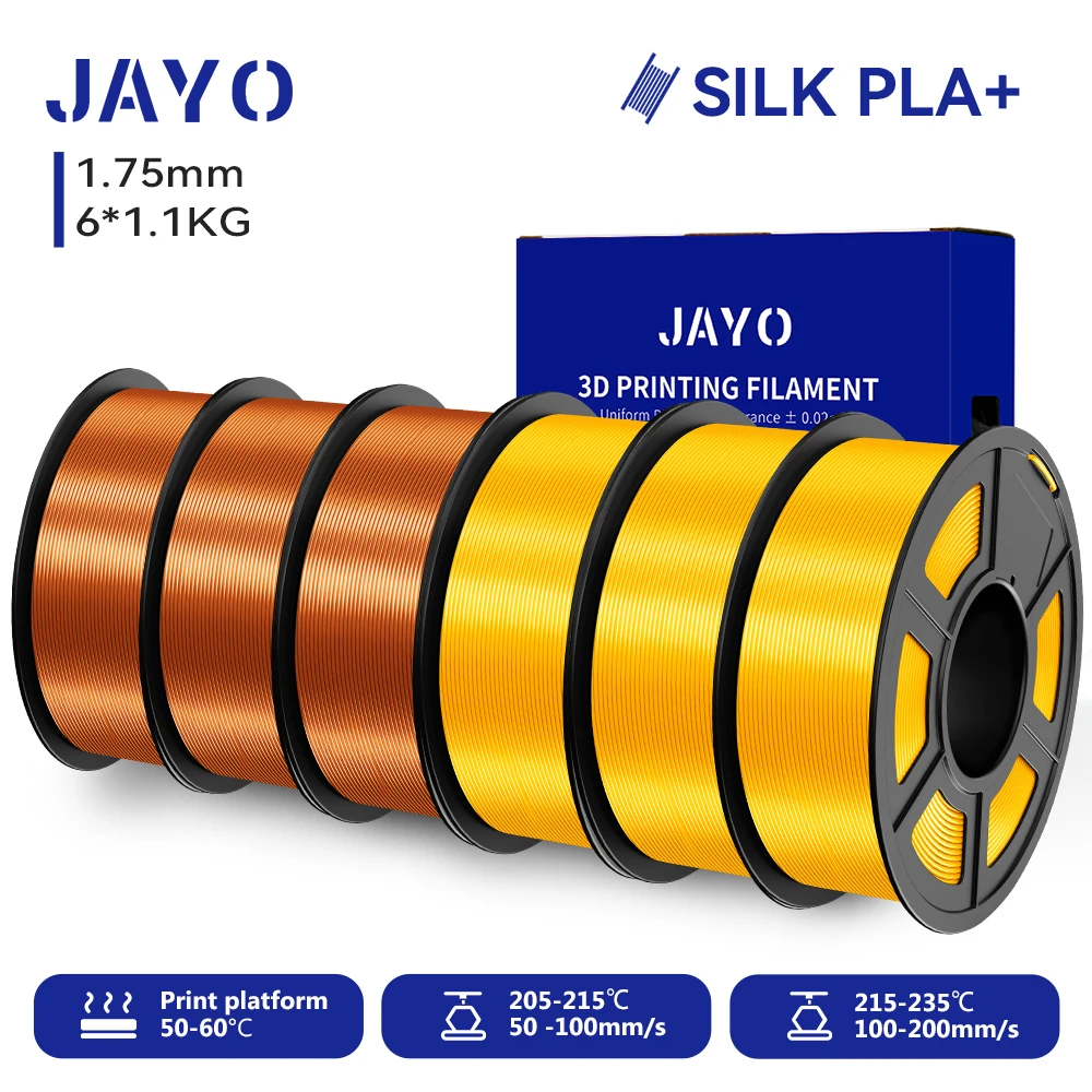 JAYO 6 Rollen SILK PLA + Filament 1,75 mm SILK PLA Plus Filament, glatte, seidige, glänzende Oberfläche, 3D-Filament, geeignet für FDM-Drucker