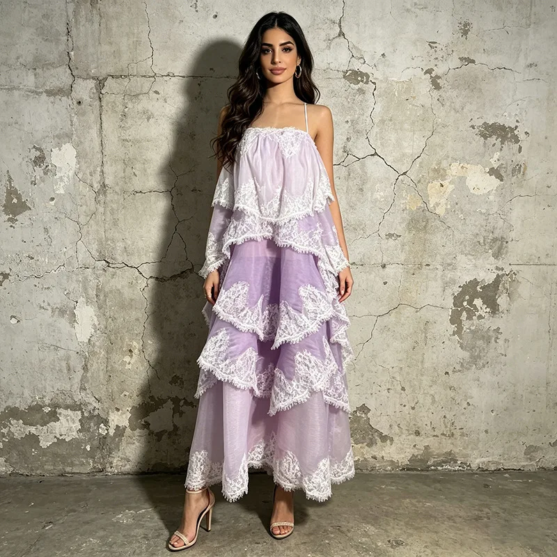 Lace Prom Dress Layered Gradient Sexy Stripe Sleeveless Lace Up Back Long Party Bridal Gown Formal Guest Wedding Birthday Robe