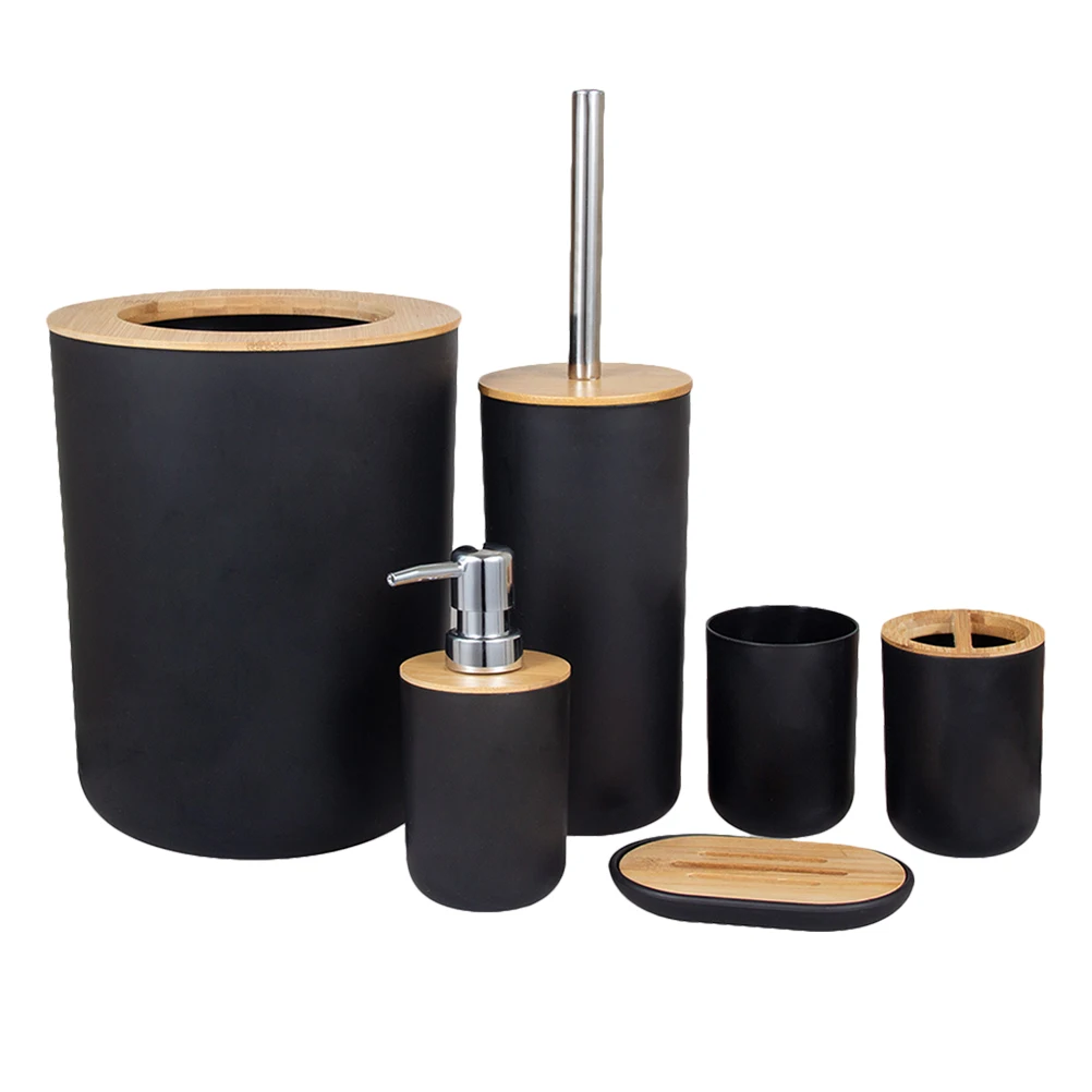 

1 set Bathroom Accessories Set Trash Can Soap Dispenser Lotion Bottle Toothbrush Cup Bamboo Elegant Storage Solution Small Size