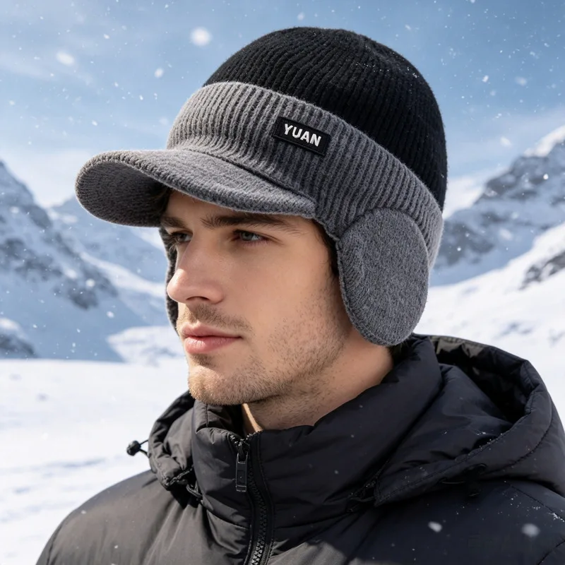 2027 Men's Winter New Thick Fleece Warm Ear Cover Knit Beanie Riding Cap