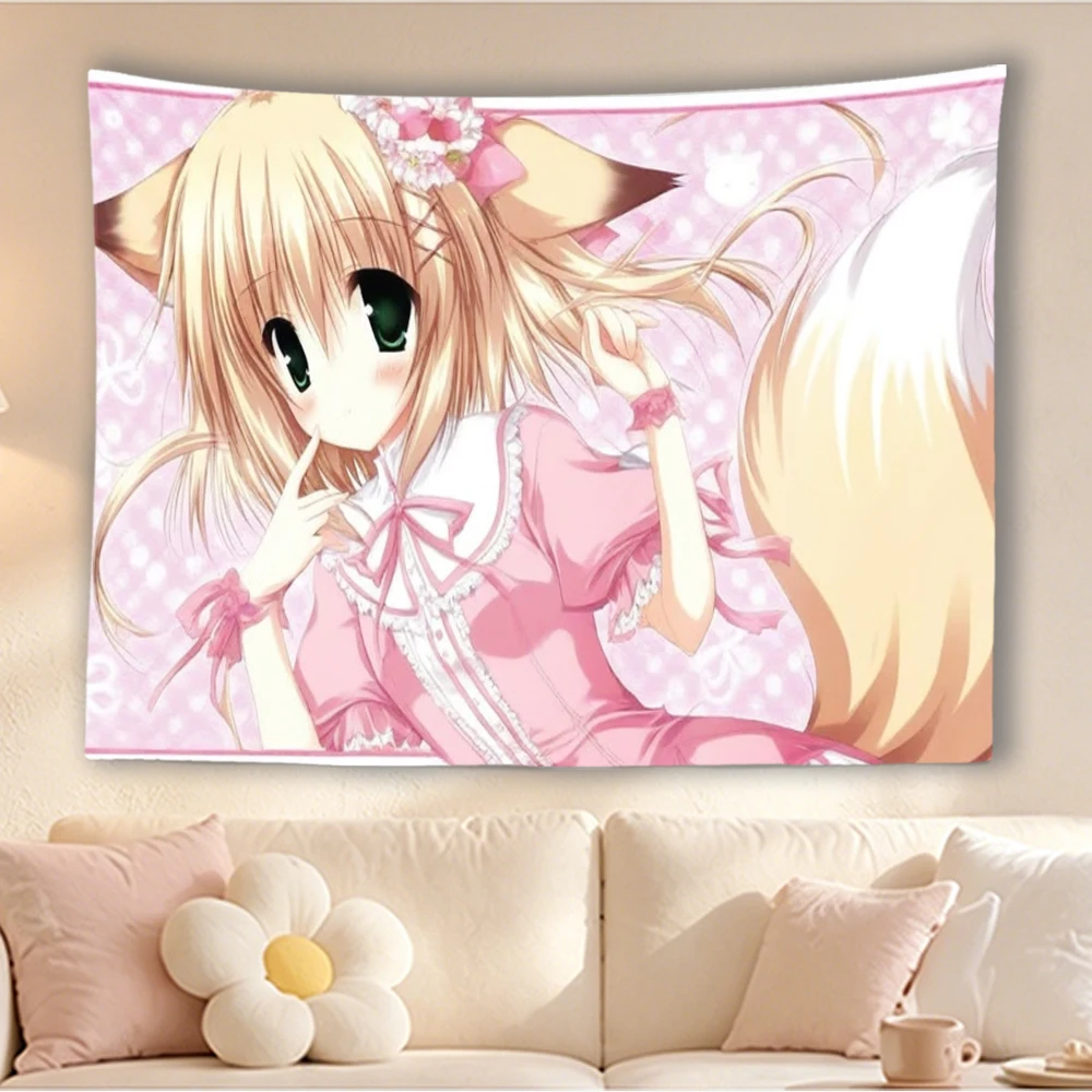 Kawaii Anime Fox Ear Girl Wall Tapestry Pink Aesthetic Room Decor Dorm Bedroom Background Wall Hanging Cloth Home Decoration