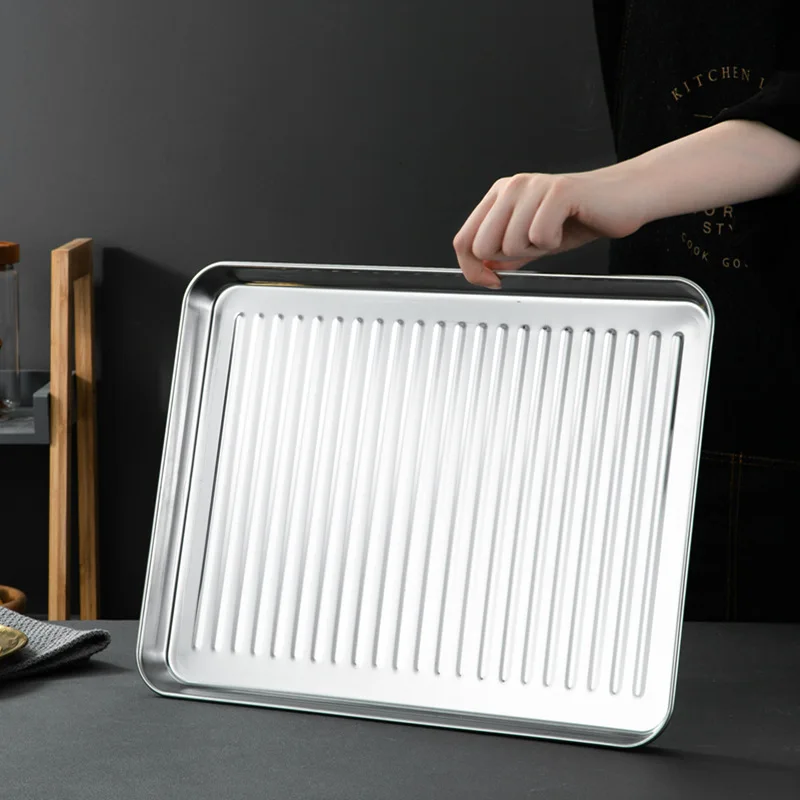 

1Pcs Stainless Steel Baking Tray Rectangular Food Storage Pans BBQ Seafood Fruits Fresh-keeping Plate Kitchen Accessories