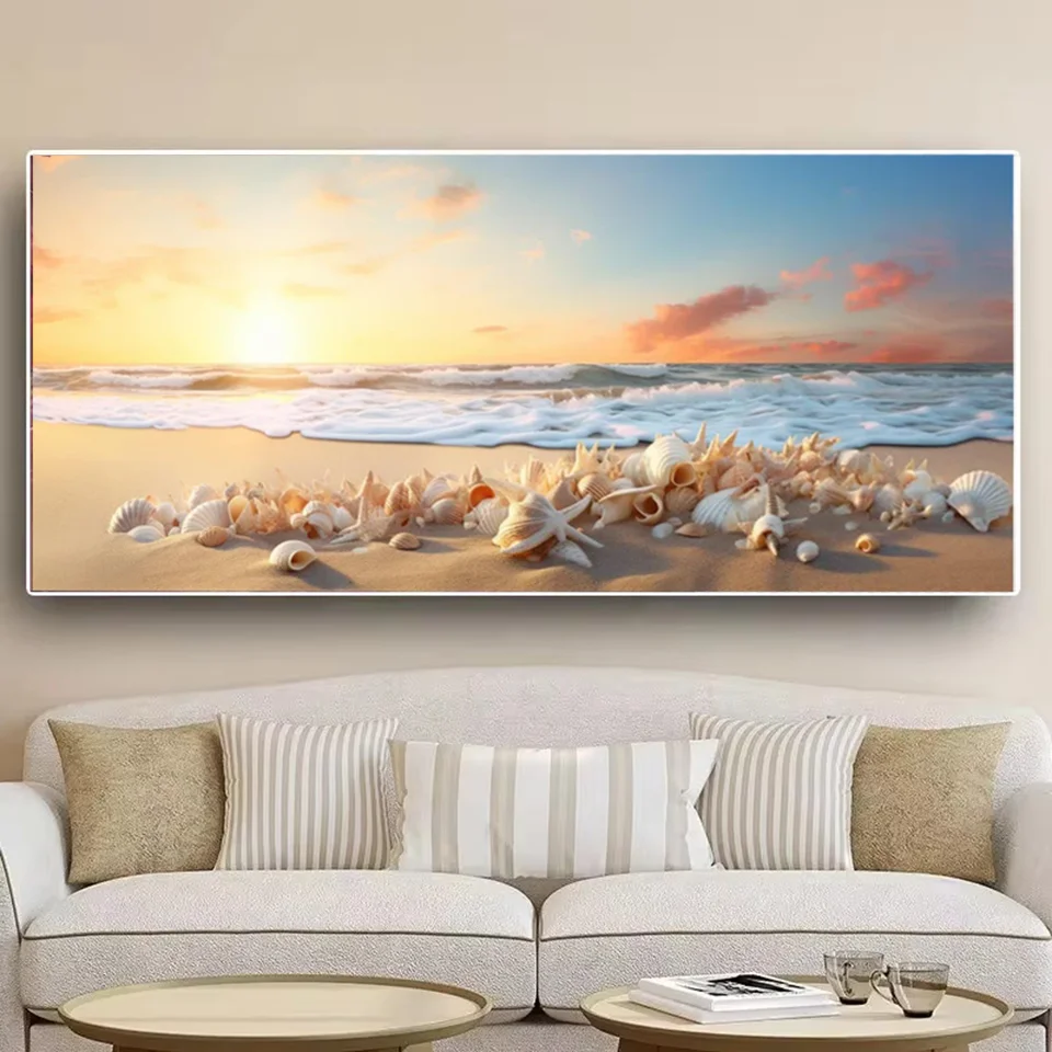 Pittura diamante di grandi dimensioni immagini da spiaggia naturali, tramonto, oceano tropicale, conchiglia di stelle marine, pittura a mosaico,