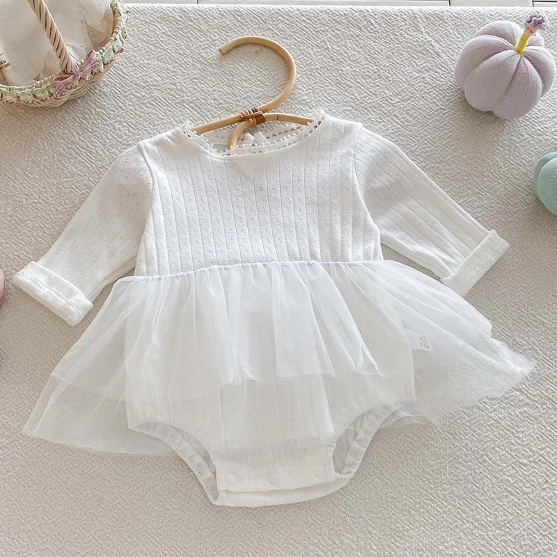 

2025 New Autumn 0-24M Baby Girl Clothing Newborn Baby Girls Bodysuits Long Sleeved Cotton Mesh Splicing Infant Baby Jumpsuit