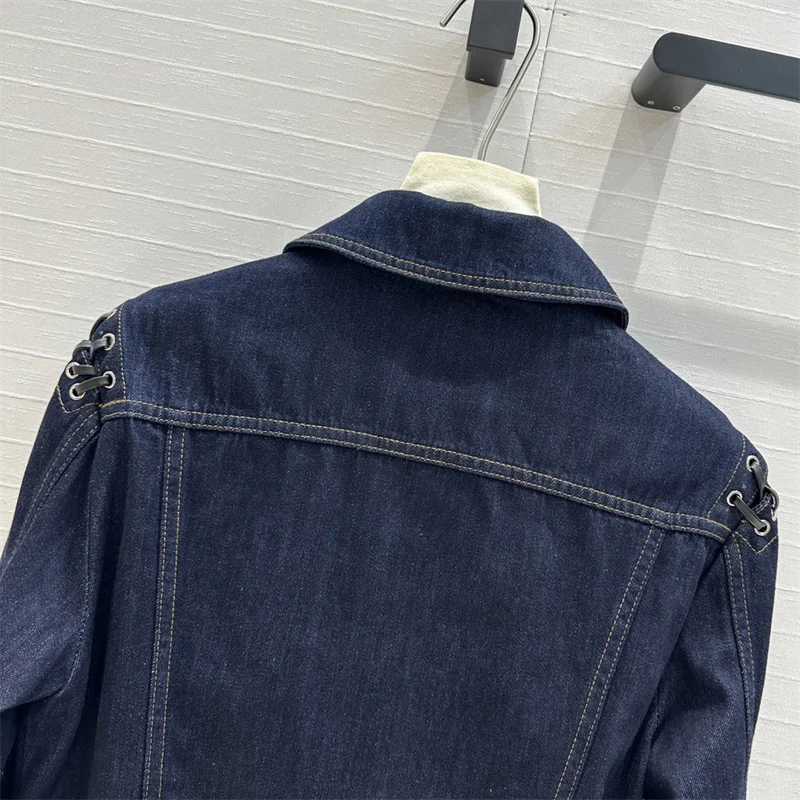 Women\'s denim jacket 2024 autumn new outerwears Fashion splicing Women\'s coats Lace up decoration pure cotton long sleeved top