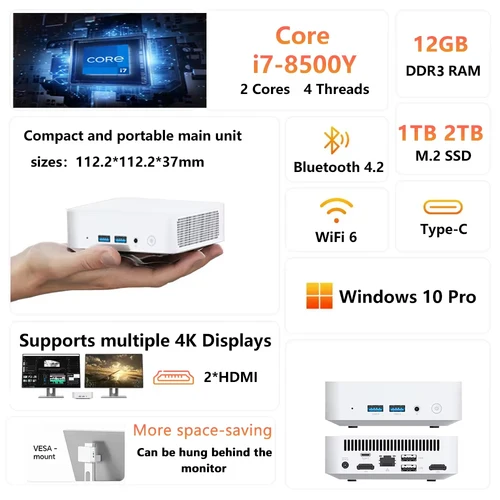 Imagen 2 del producto 2026 nuevo Mini PC Core i7-8500Y Windows 10 Mini ordenador 12GB LPDDR3 2TB M.2 SSD PC para juegos 4K HD WIFI 6 BT4.2 escritorio portátil