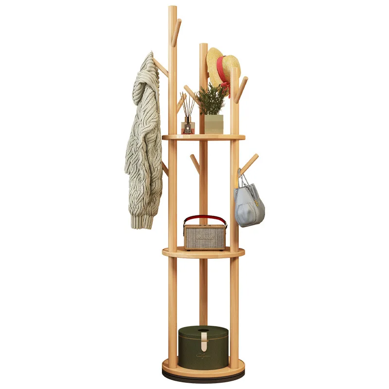 Solid wood coat rack, floor-standing bedroom clothes storage rack, rotating hanging rack for living room entryway