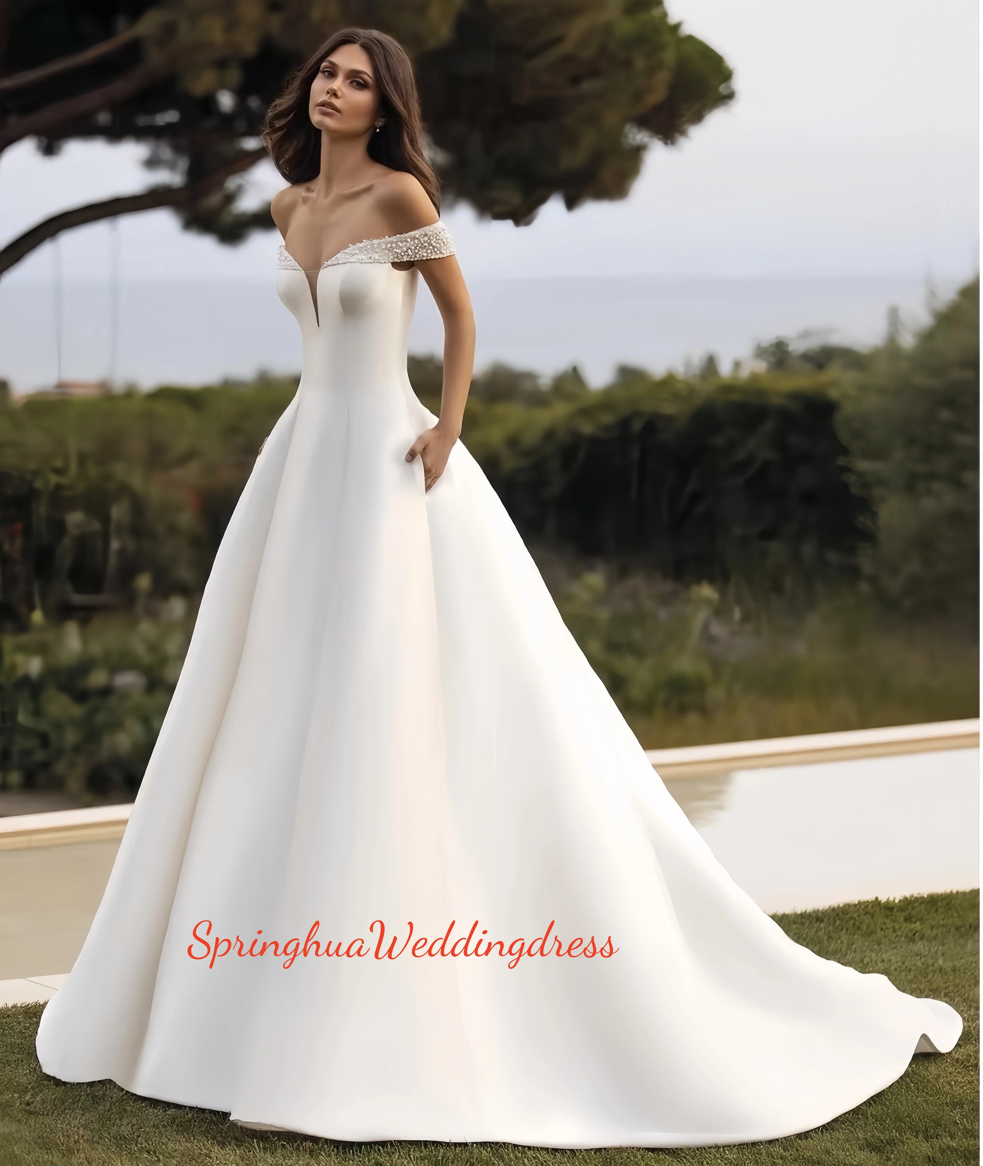

Custom-made high-quality satin wedding dress, new one-shoulder slimming welcome gauze trailing
