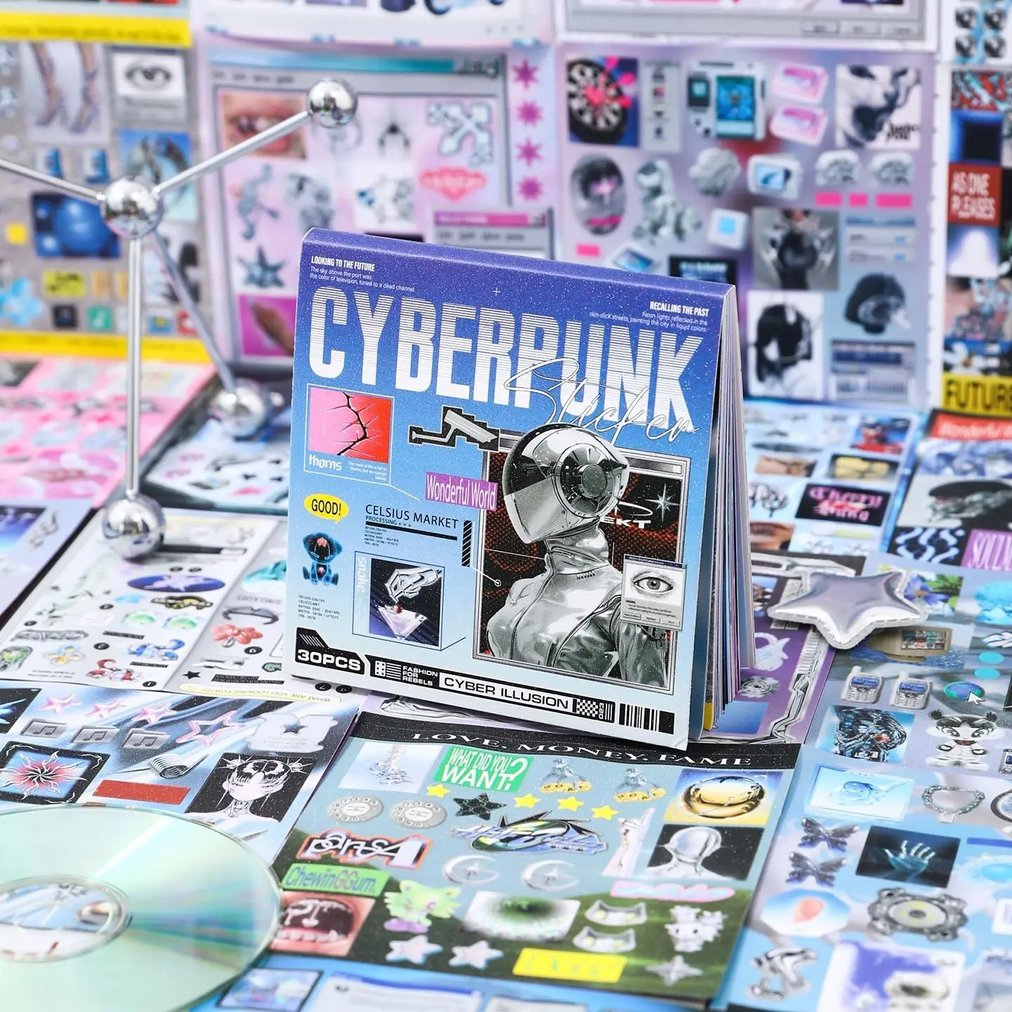 30sheet Y2K Retro and Futuristic Cyberpunk Sticker Book for Scrapbooking DIY Junk Journal Material Aesthetic Stationery Supplies
