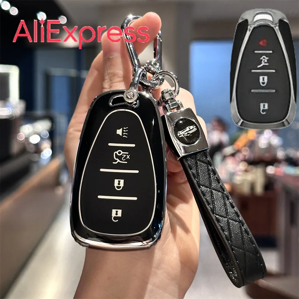 

Key Fob Cover With Car Key Chain For Chevrolet Chevy Malibu Equinox Traverse Camaro Cruze Blazer 4 Buttons Smart Key