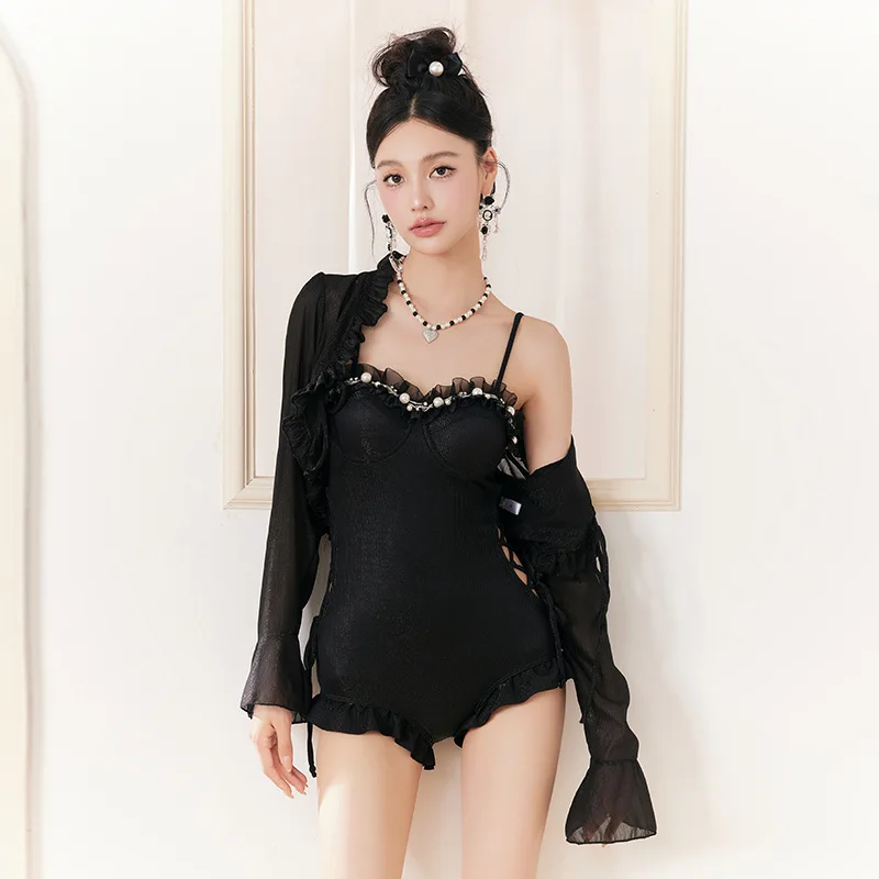 2024 New Korean Push Up One Piece Swimwear Women Long Sleeve Cover Up Slimming Ruffle Vacation Black Swimsuit Korean Beach Wear