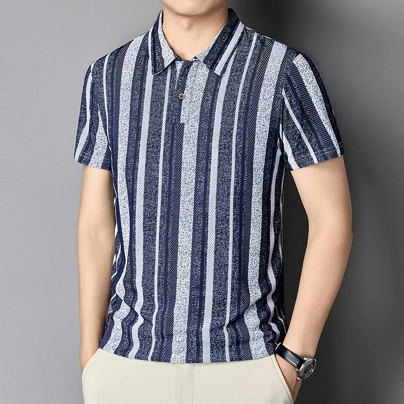 Herren Strukturierte Vertikal Gestreifte Kurzarm-Poloshirts Lässige Business-Oberteile Atmungsaktiv Knitterfrei Sommerkleidung – Detail 24