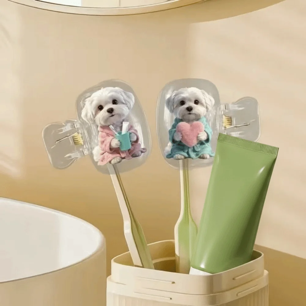 2pcs Portable Toothbrush Head Cover Kitten Dog Printed Dust-proof Cat Toothbrush Cover Waterproof Transparent