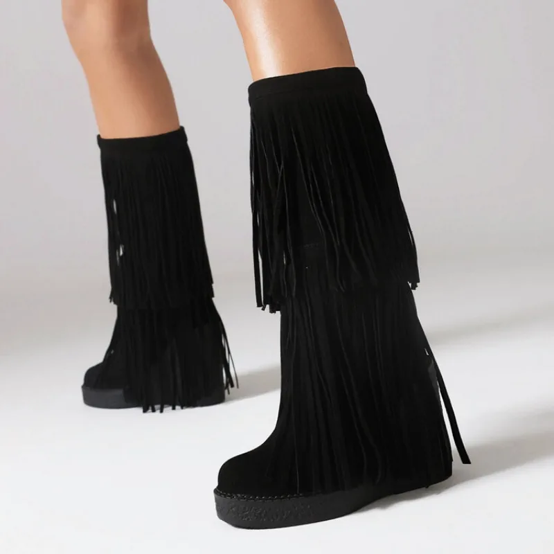 Women\'s Boots Tassel Winter New Bohemian Flocking Monica Design Mid-calf Boots Warm Plush Lined Platform Zipper Knee High Boots