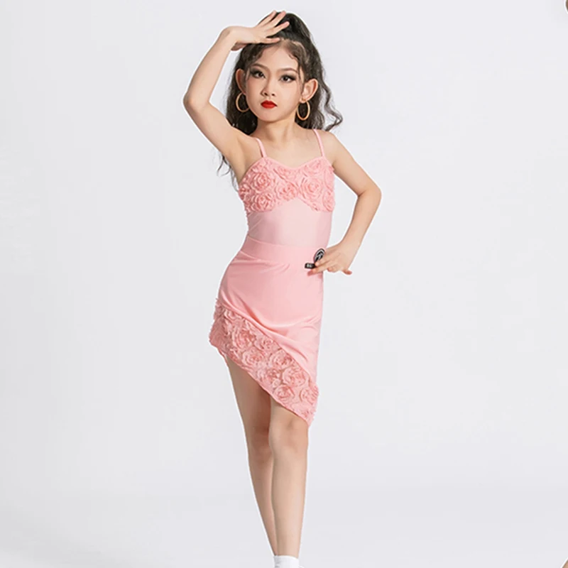 

Summer Pink Girls Latin Dance Clothes Sleeveless Top Irregular Skirt Tango Rumba Dancer Competition Suit Practice Wear VDL307