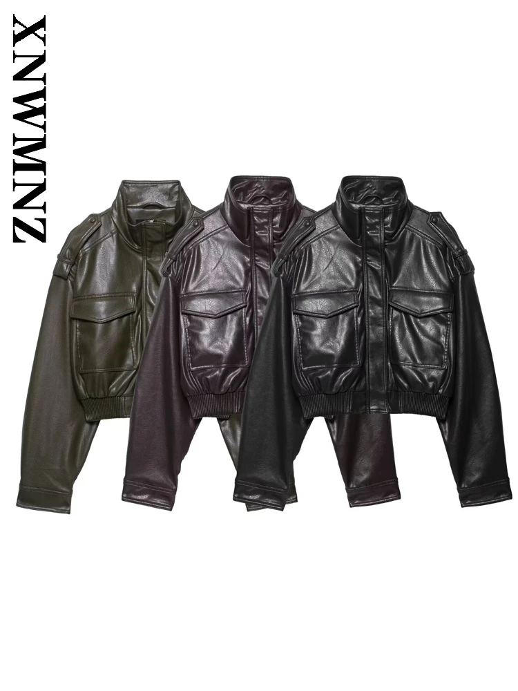 

XNWMNZ 2025 осенняя женская одежда, винтажная шикарная верхняя одежда с воротником-стойкой и длинными рукавами из искусственной кожи, простая клубная женская мода