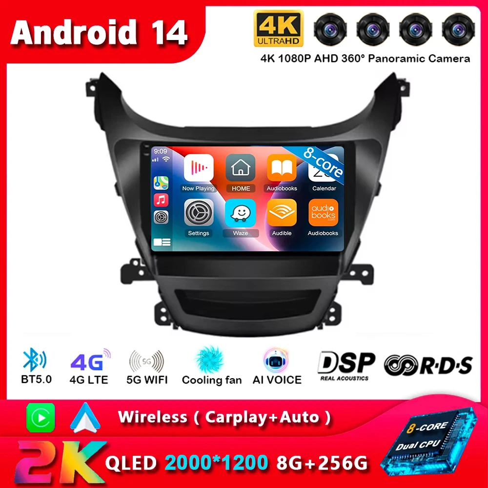 Android14 Carplay Auto For Hyundai Elantra Avante I35 2011 2012 2013 2014 2015 2016 Multimedia Car Radio Player WIFI 2DIN Stereo