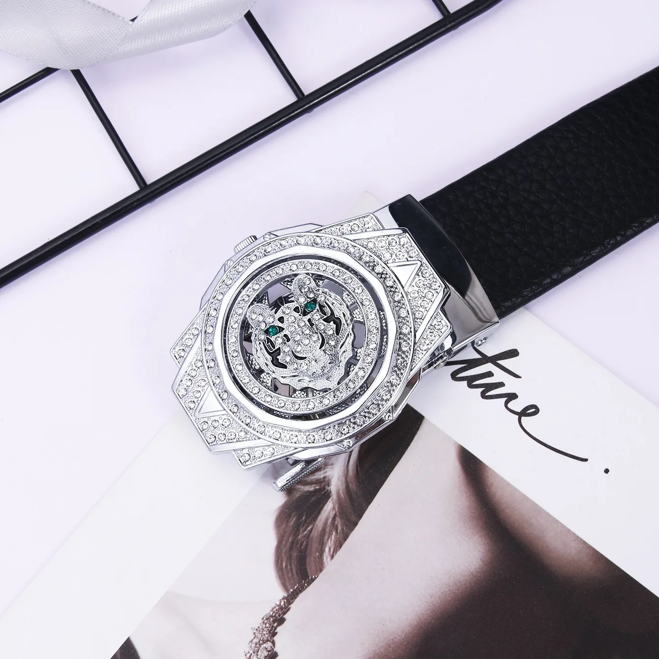 Men's Pu Leather Belt, Rotatable Tiger Head Diamond-Encrusted Automatic Buckle Belt, Fashion Luxury Business Casual Waist Strap